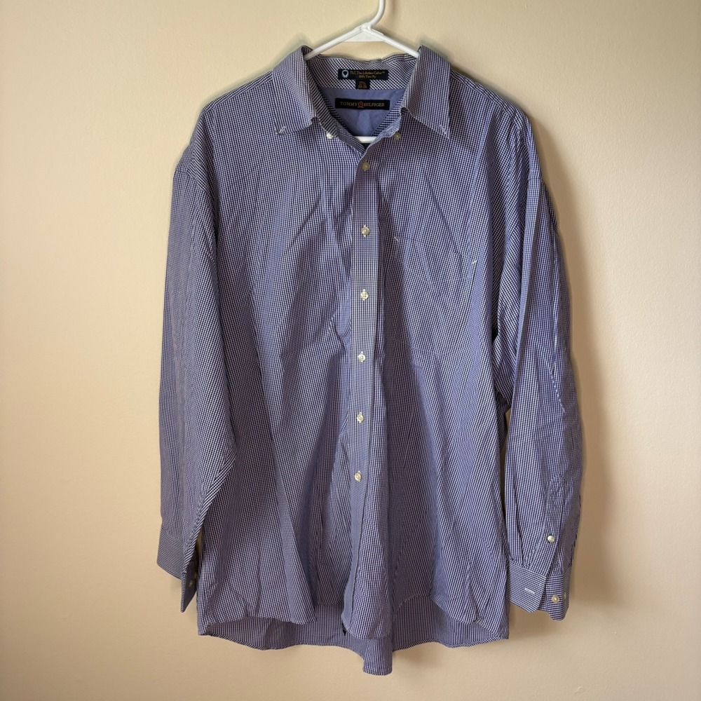 Vintage Tommy Hilfiger Button Down Shirt Mens 17.5 Blue Gingham Plaid 90s TLC